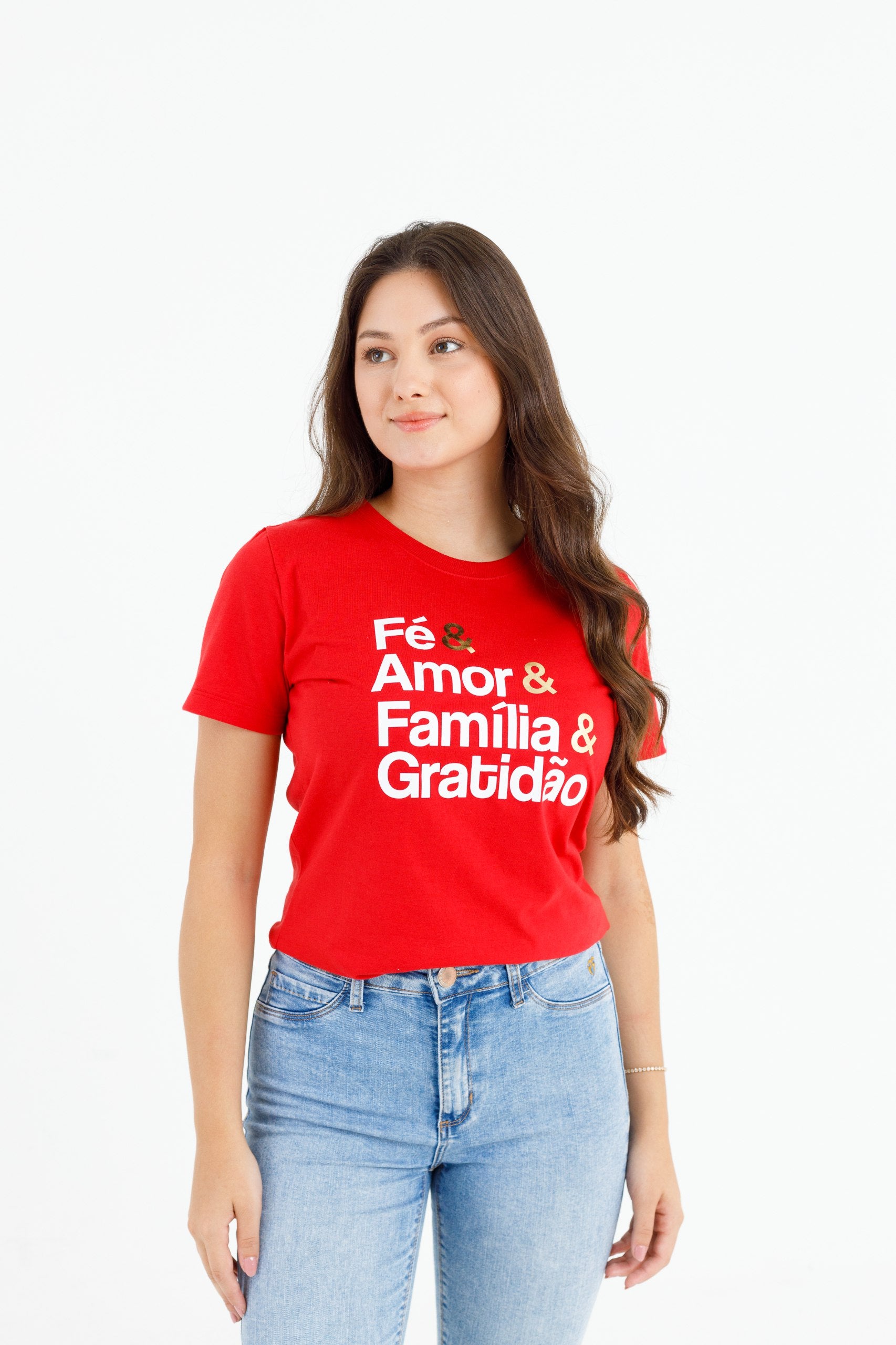 Camiseta Feminina Vermelha Fé & Amor Dourado