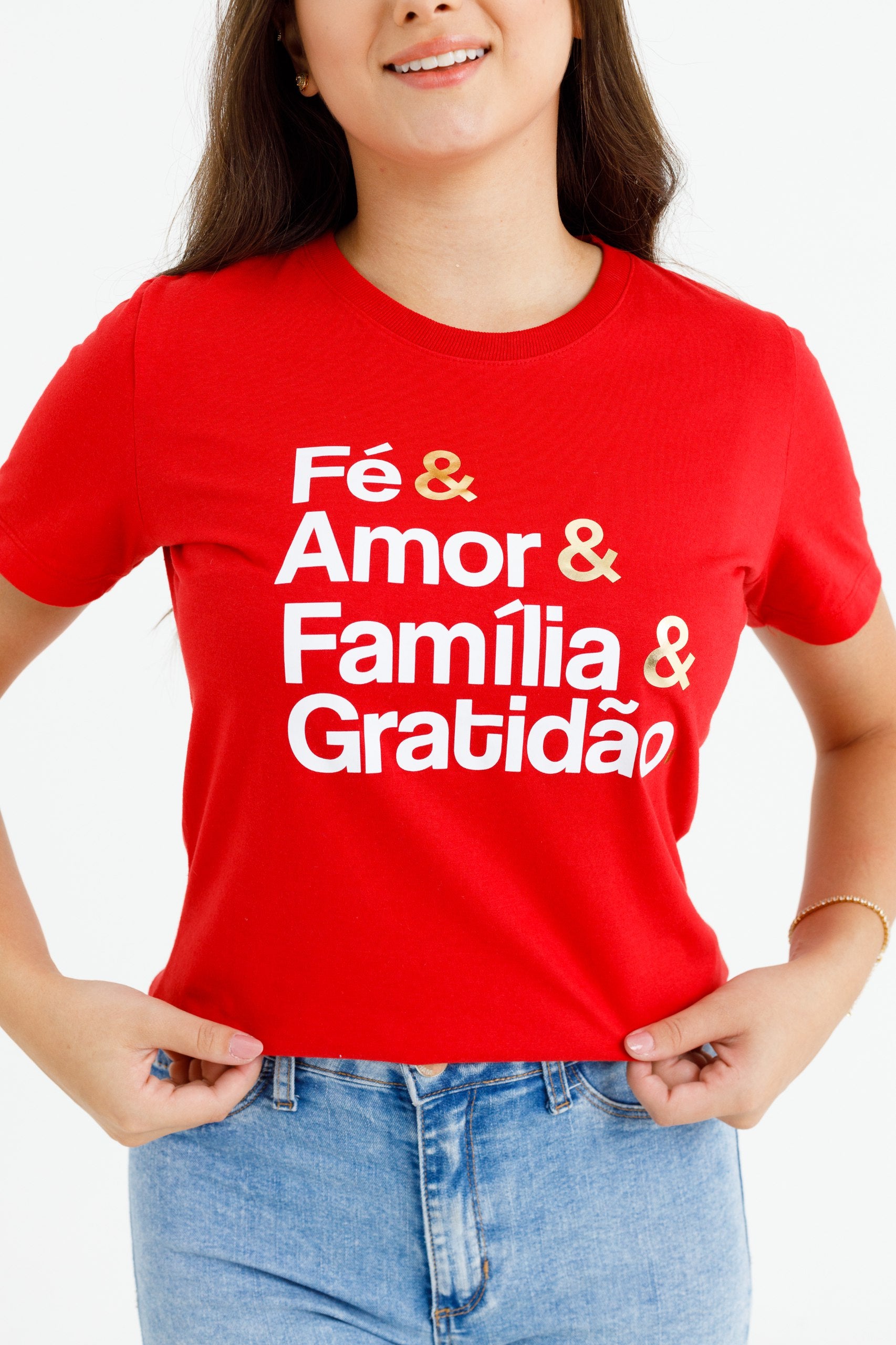 Camiseta Feminina Vermelha Fé & Amor Dourado