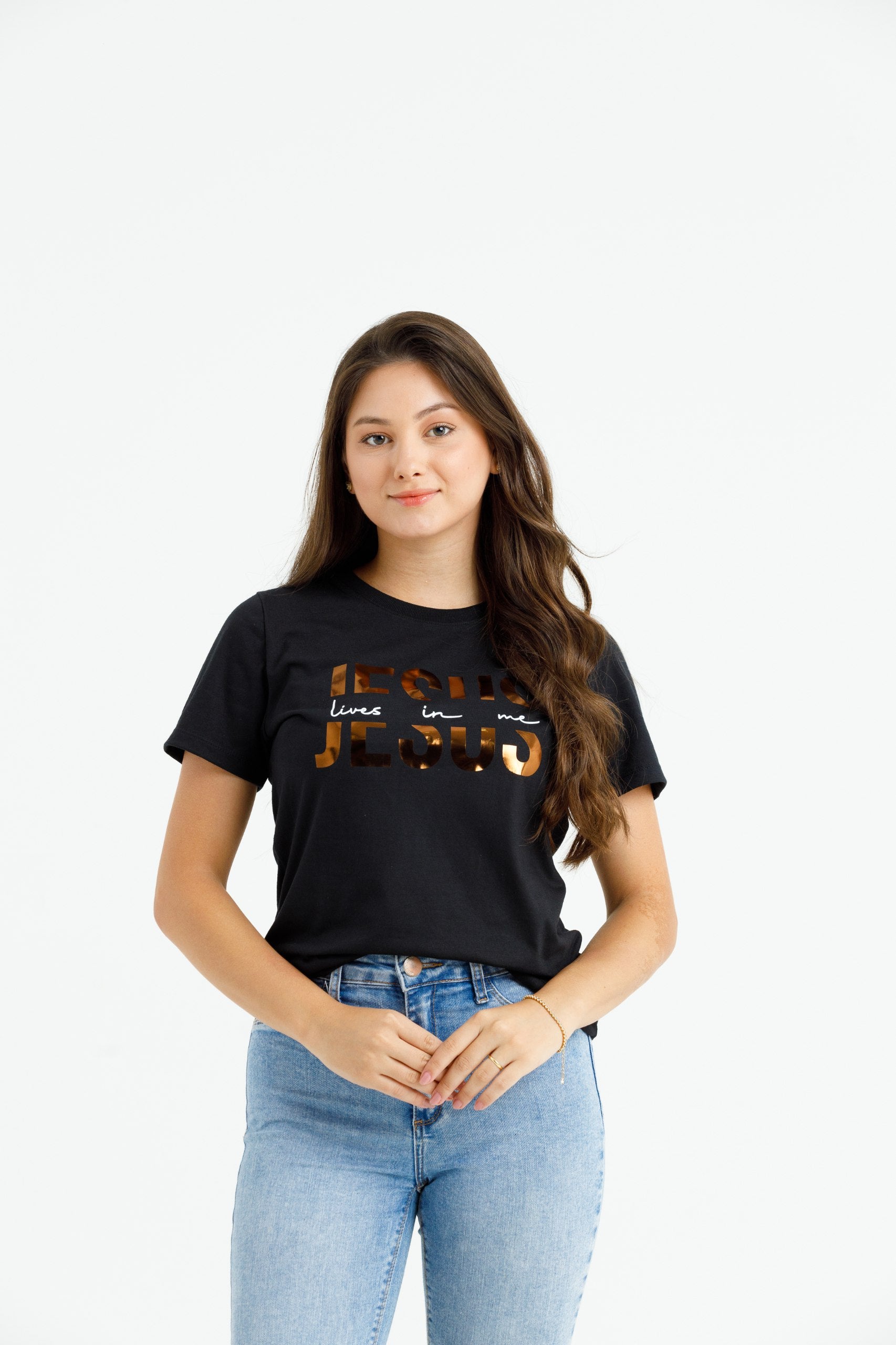 Camiseta Feminina Preta Jesus Lives In Me