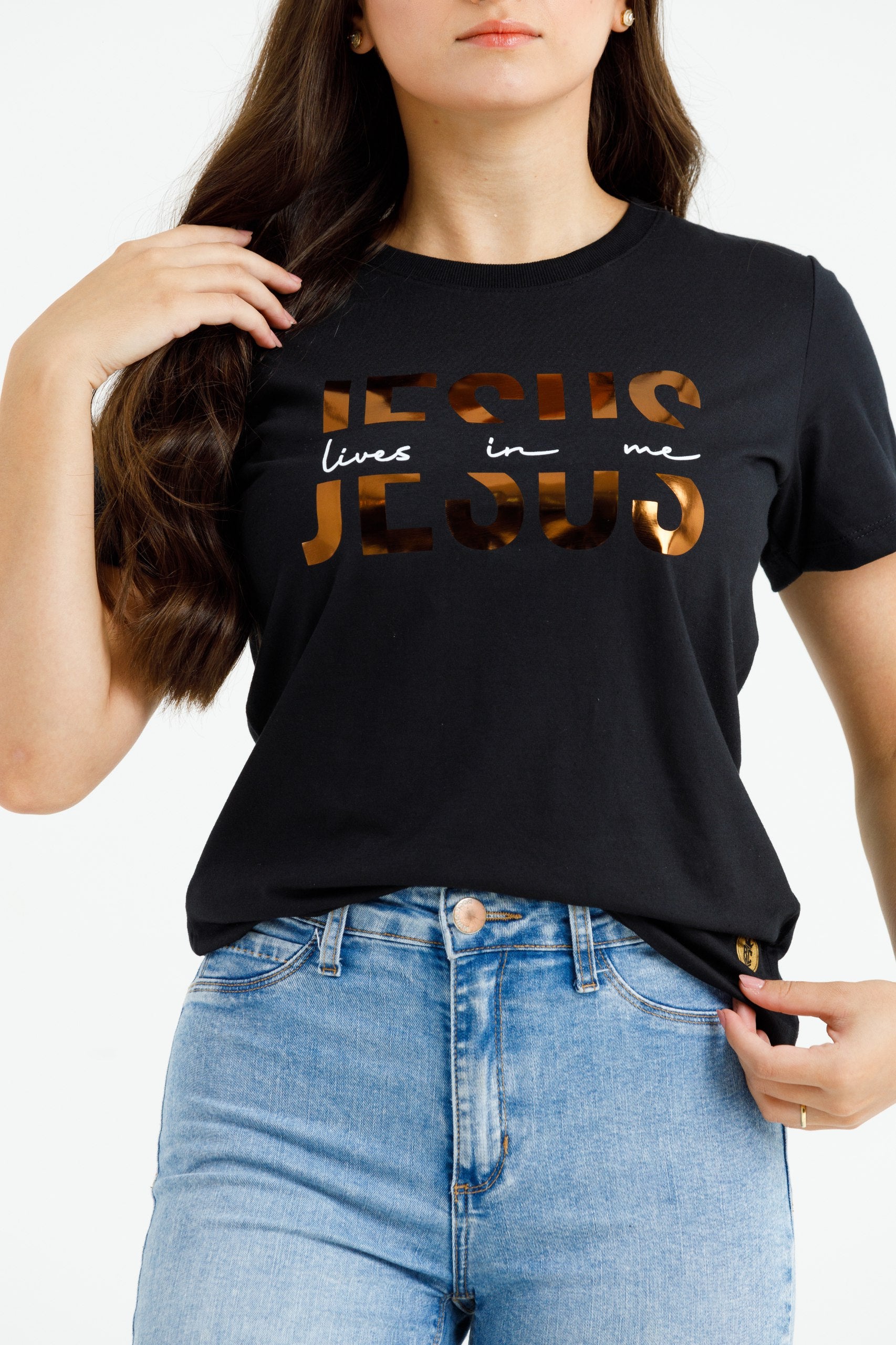 Camiseta Feminina Preta Jesus Lives In Me